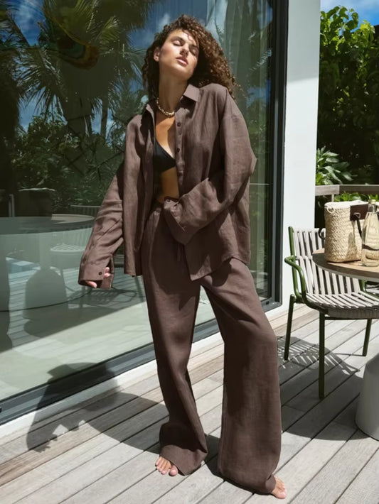 Women Casual Brown Cotton Linen Shirt Pants Suit Fashion Single Breasted Blouses Elastic Waist Pant Set 2025 Spring Loose Outfit
