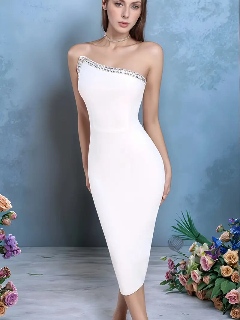 2025 Tight Fitted Dress Shoulder Metallic Trim High-Waist
