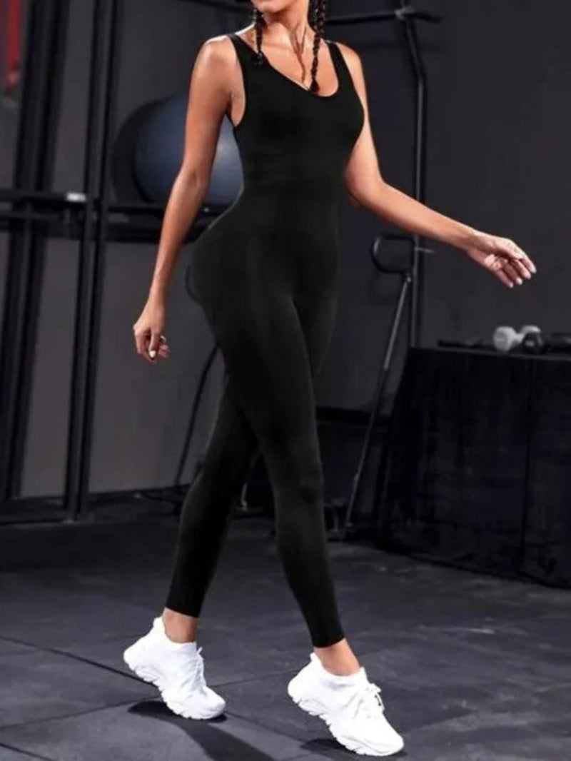 Solid Sleeveless Backless Low Neck High Waist Bodycon Jumpsuits for Women Casual Rompers Activity Jogger Suits Backless Bodysuit