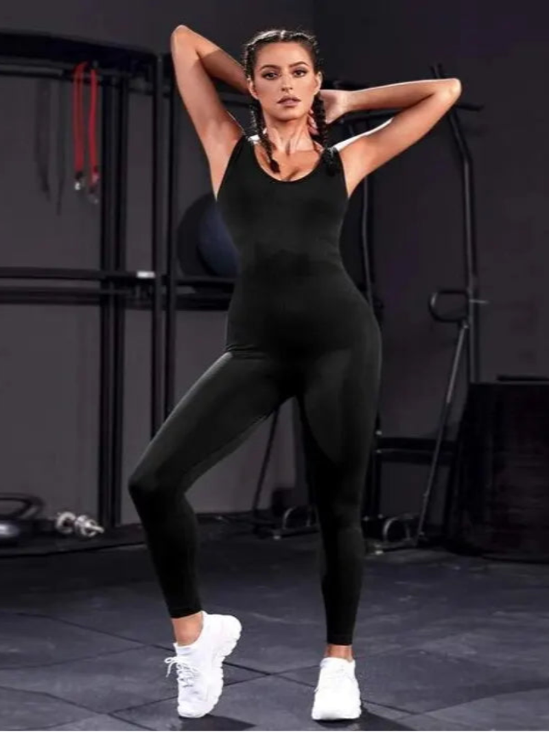 Solid Sleeveless Backless Low Neck High Waist Bodycon Jumpsuits for Women Casual Rompers Activity Jogger Suits Backless Bodysuit